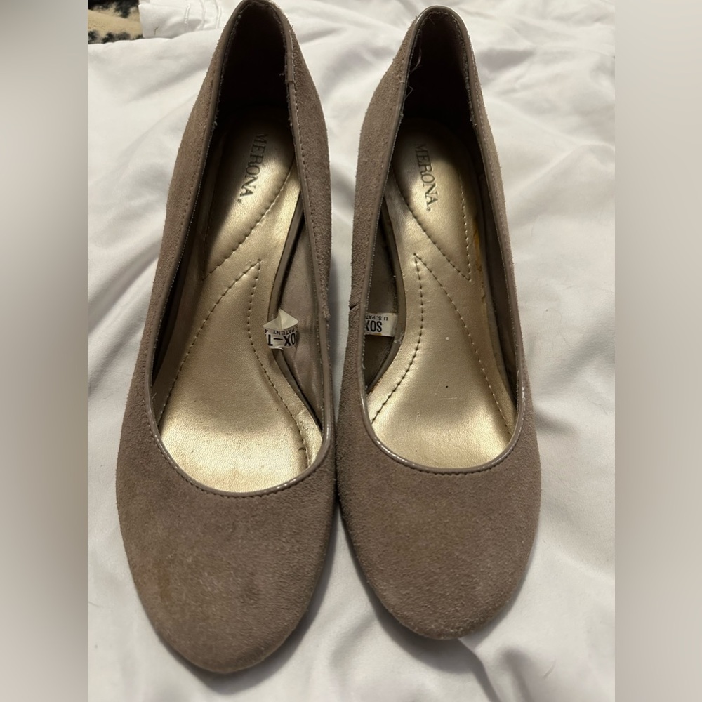 Taupe faux suede wedge shoes
